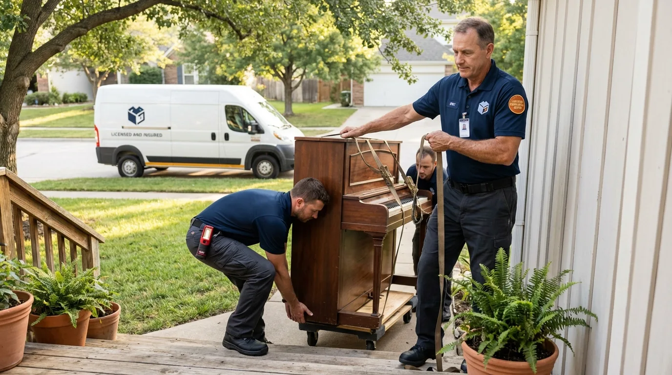 Licensed piano movers securing grand piano in Bedminster, NJ