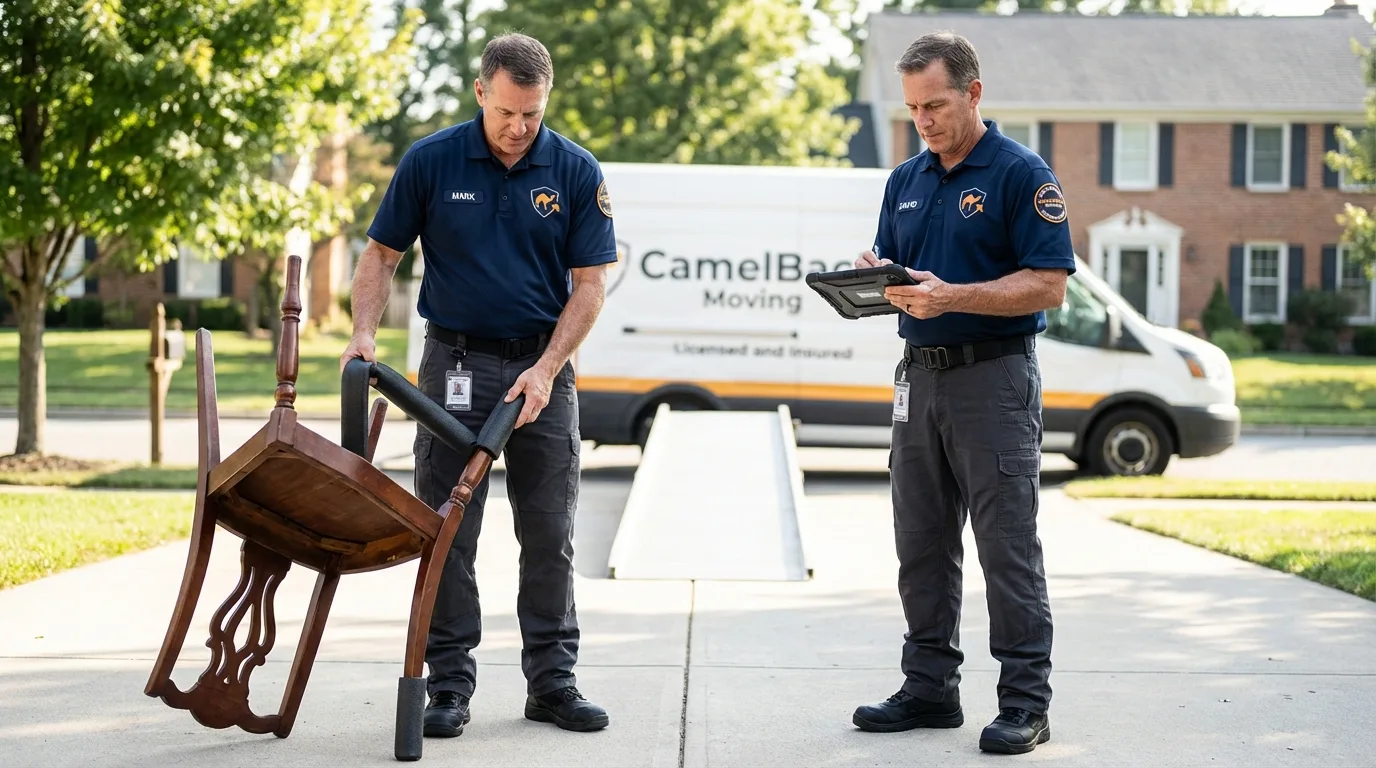 Movers inspecting furniture for damage prevention before loading in Bedminster, NJ